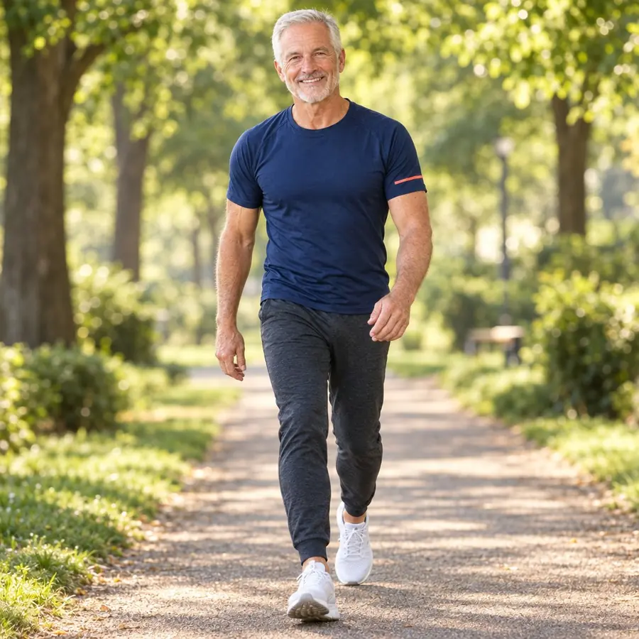 A smiling older adult out on a morning walk