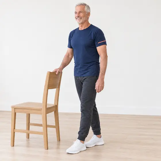 Step Stand: Stand next to the chair, hand on the backrest.