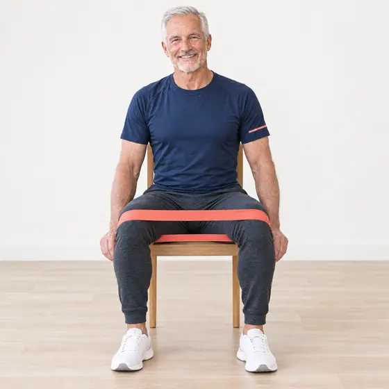 Band Knee Press-Out: Sit tall, band tied in a loop just above your knees.