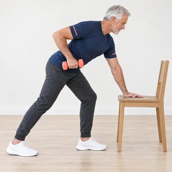Supported Row: Place one hand on the chair seat, step back and lean forward with a flat back.