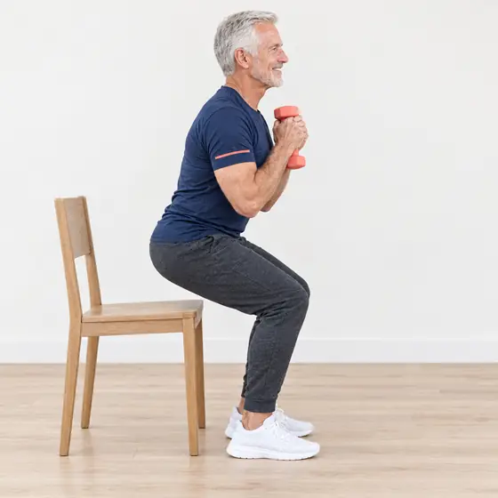 Weighted Sit to Stand: Sit near the front of the chair, holding one dumbbell at your chest.