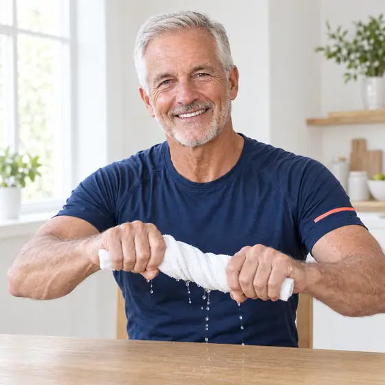 Towel Wring: Roll a small towel and hold it with both hands.