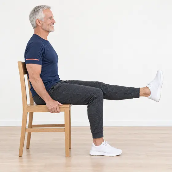 Seated Knee Lift-Out: Sit tall, hands on the sides of the seat.