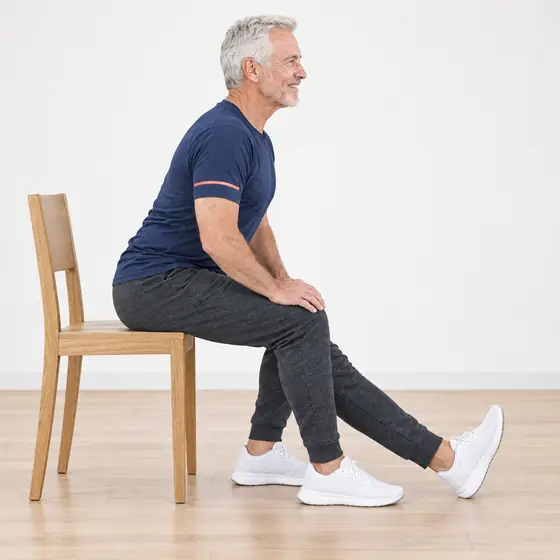 Seated Hamstring Stretch: Sit at the front of the chair, one leg straight, heel down, toes up.
